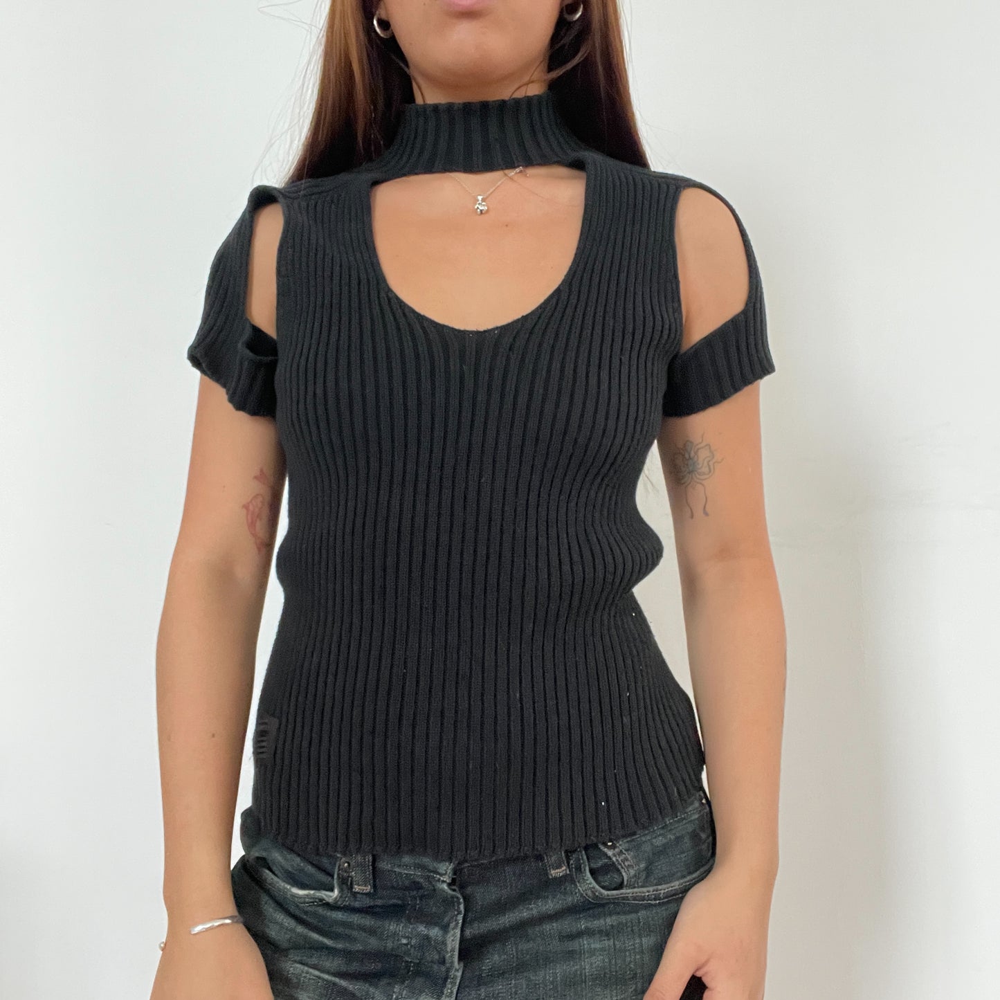 Black Cut-Out Structured Knitted Cop Copine Top