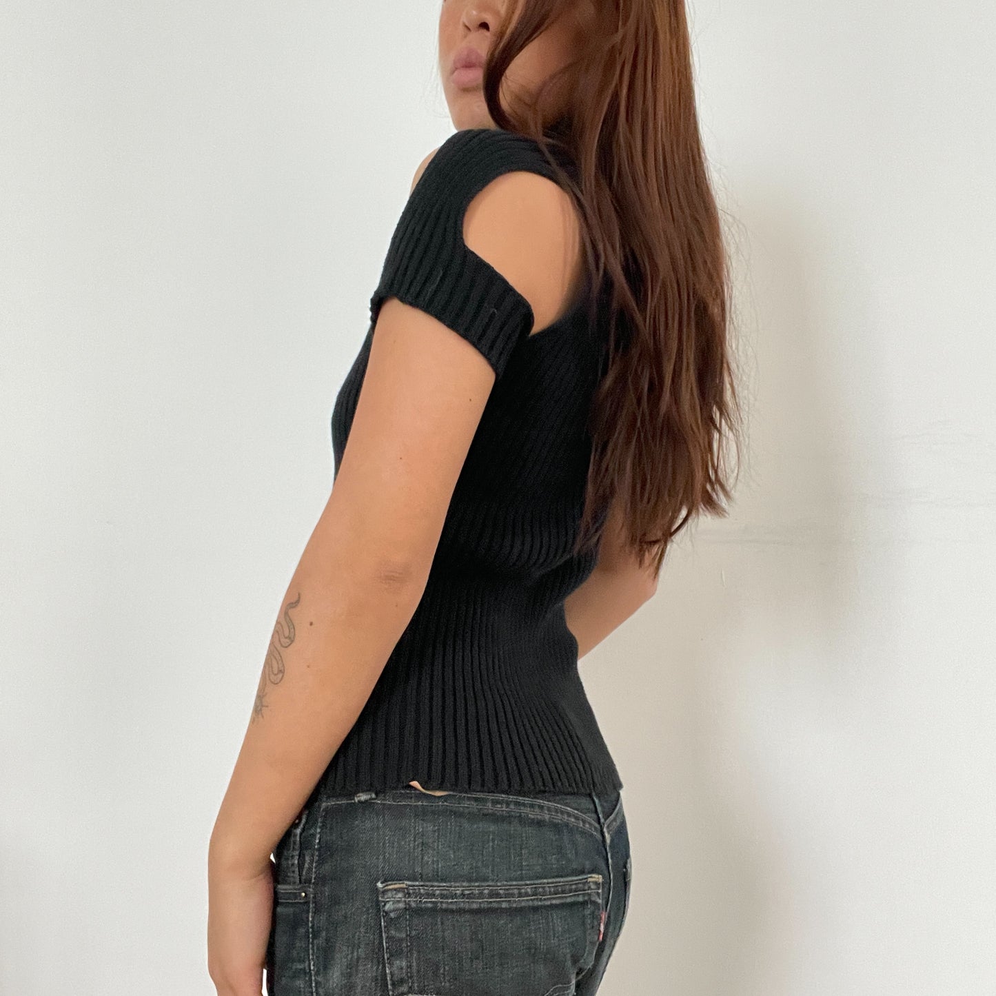 Black Cut-Out Structured Knitted Cop Copine Top