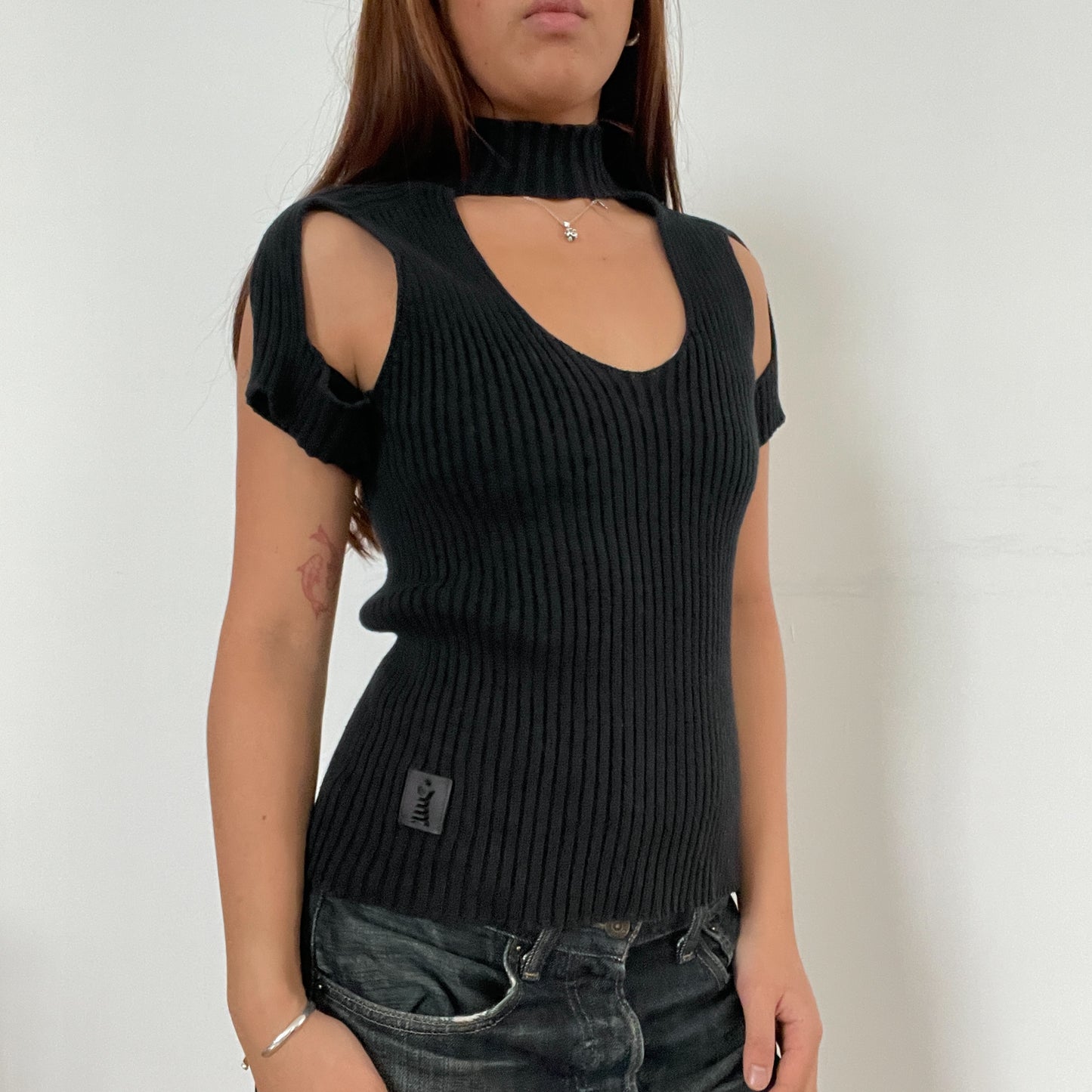 Black Cut-Out Structured Knitted Cop Copine Top