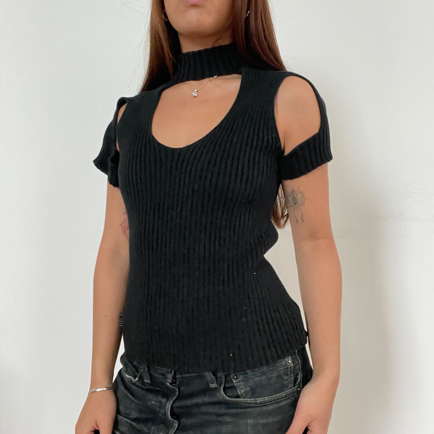 Black Cut-Out Structured Knitted Cop Copine Top