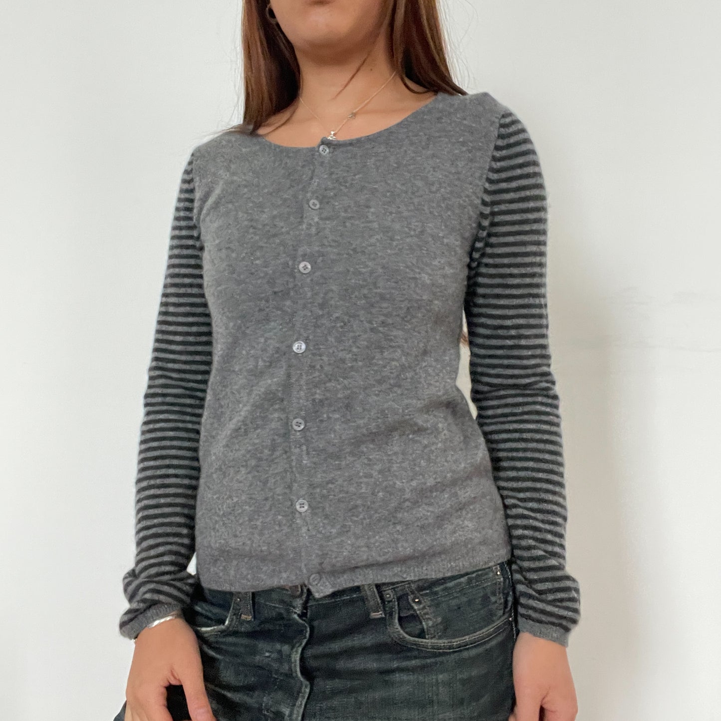 Black And Grey Stripy Contrast Knit Cardigan