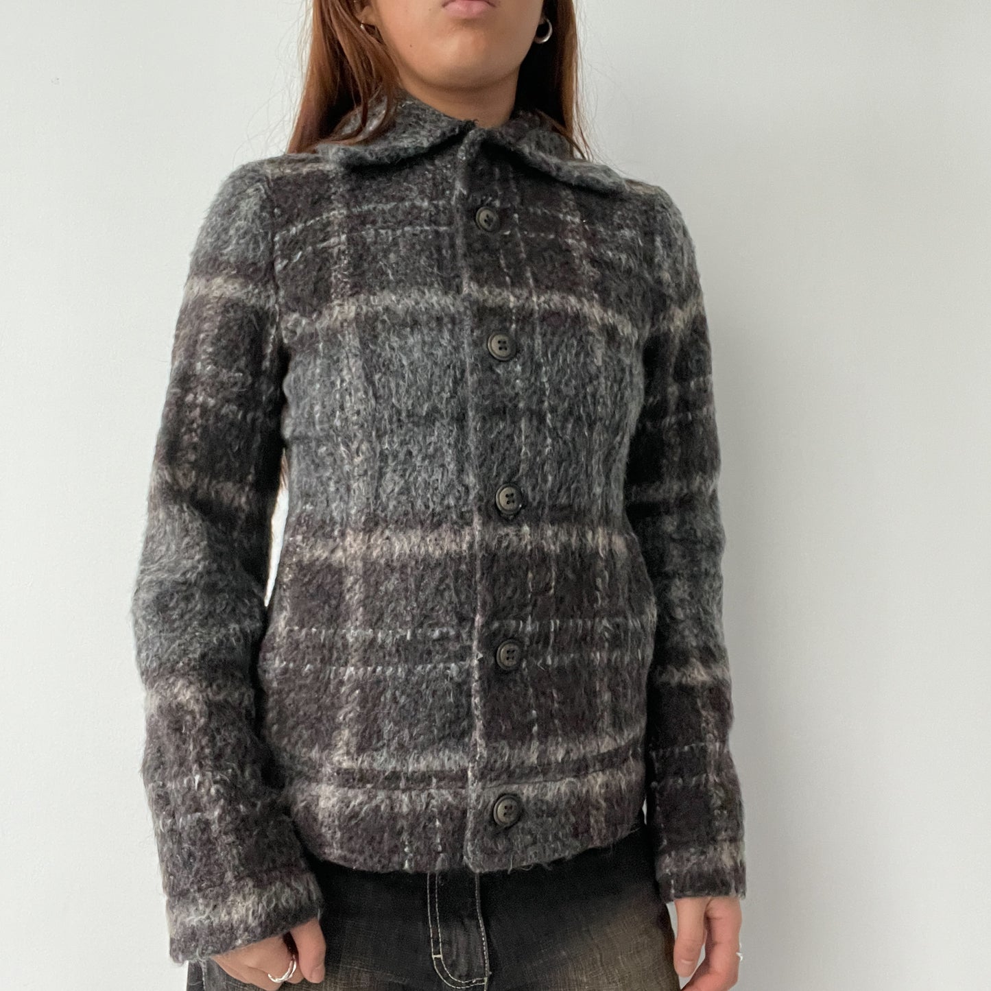 Black/Grey Checkered Fur Wool Collared Coat