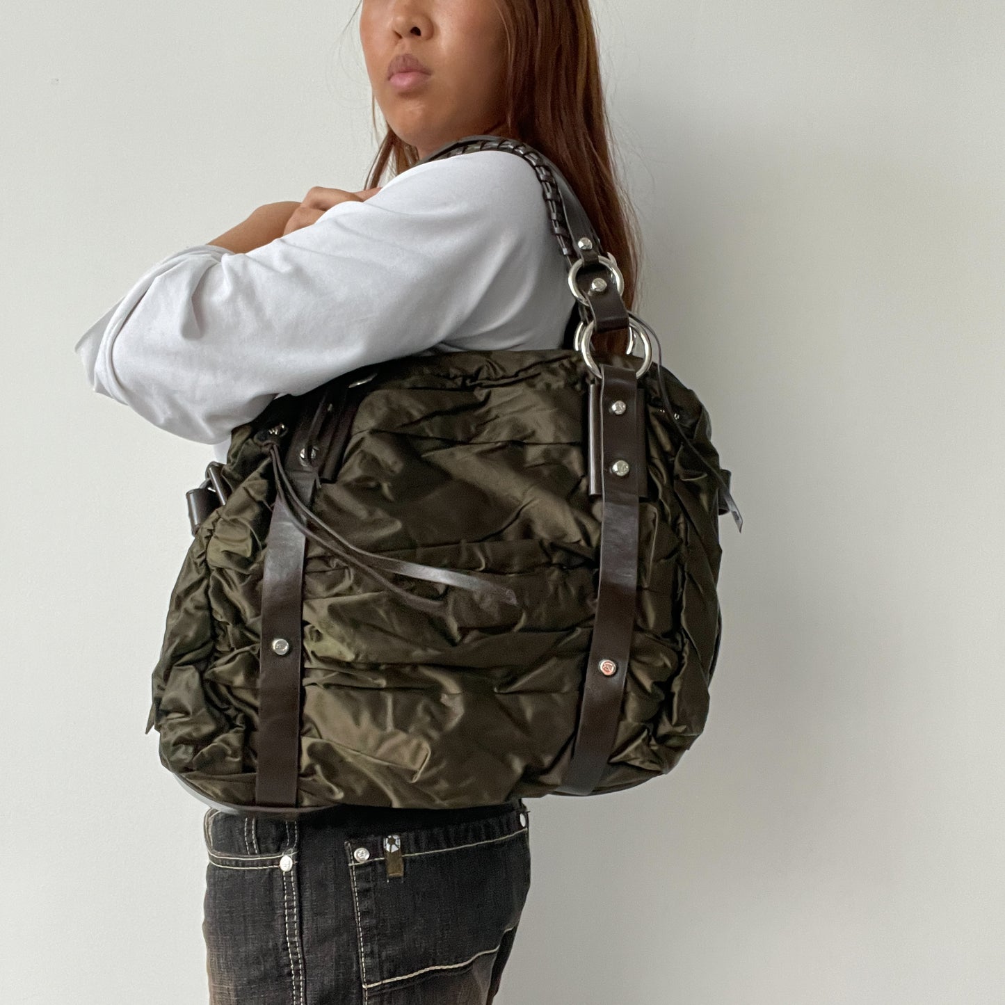 Vintage Dark Green Textured Shoulder Bag