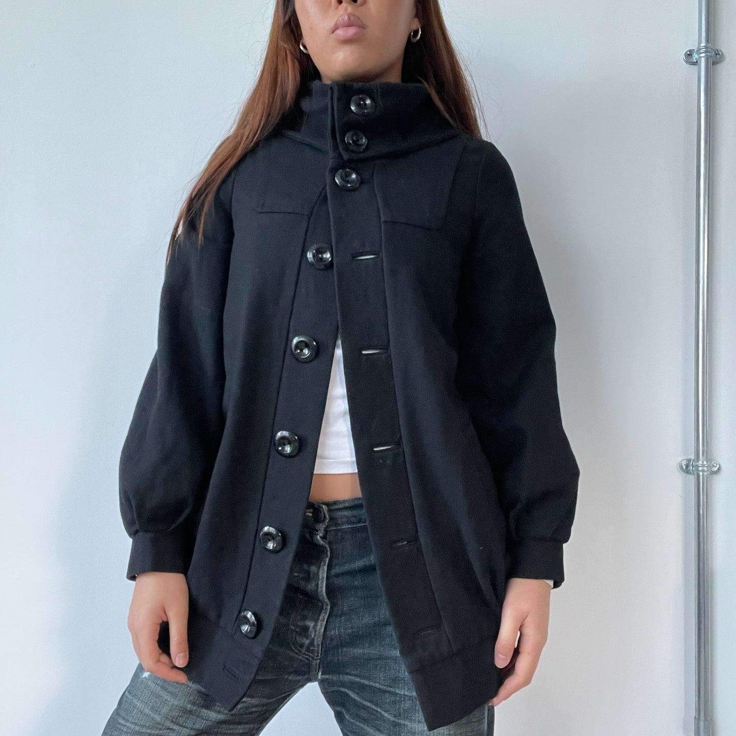 Vintage Black Wool High Neck Coat