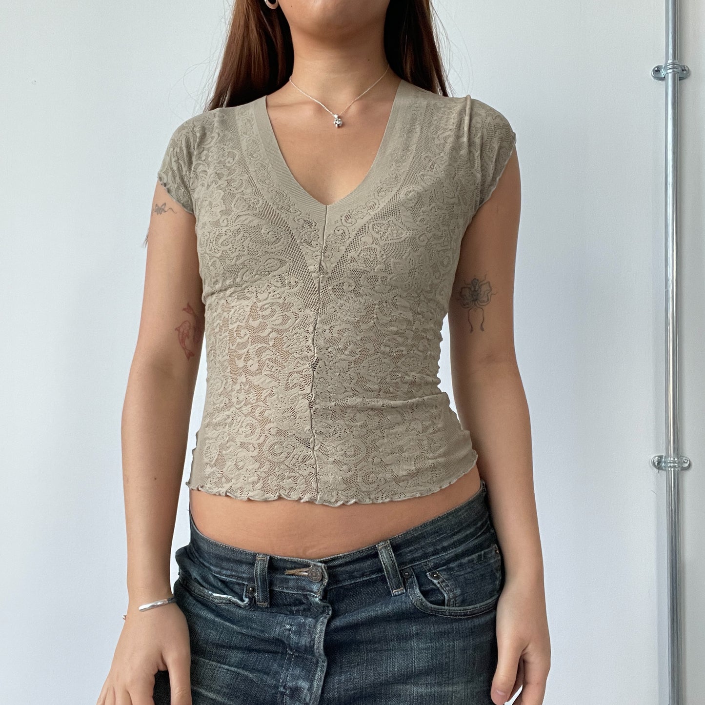 Italian Khaki Lace V Neck Top
