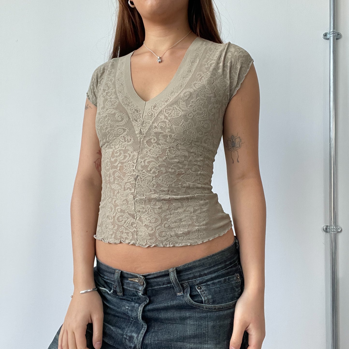 Italian Khaki Lace V Neck Top
