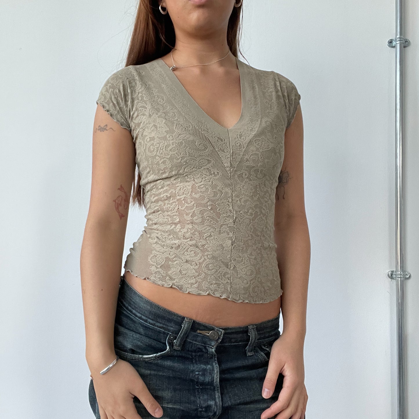 Italian Khaki Lace V Neck Top