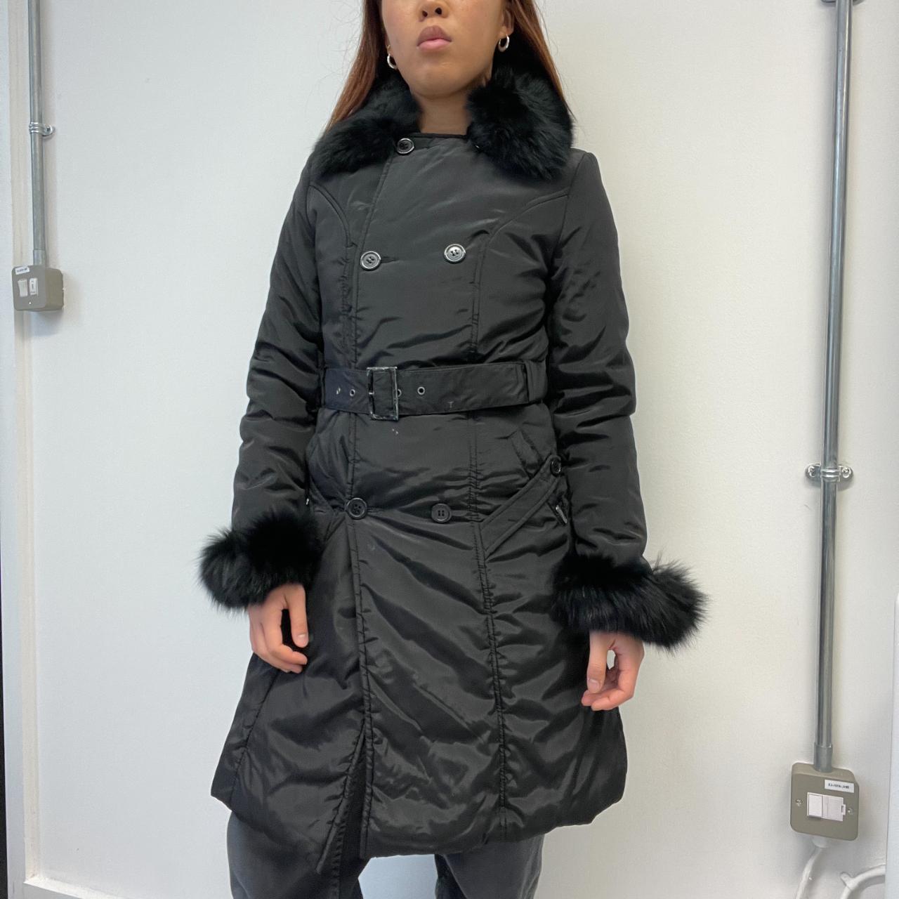 Black Fur Trim Belted Trench Jacket