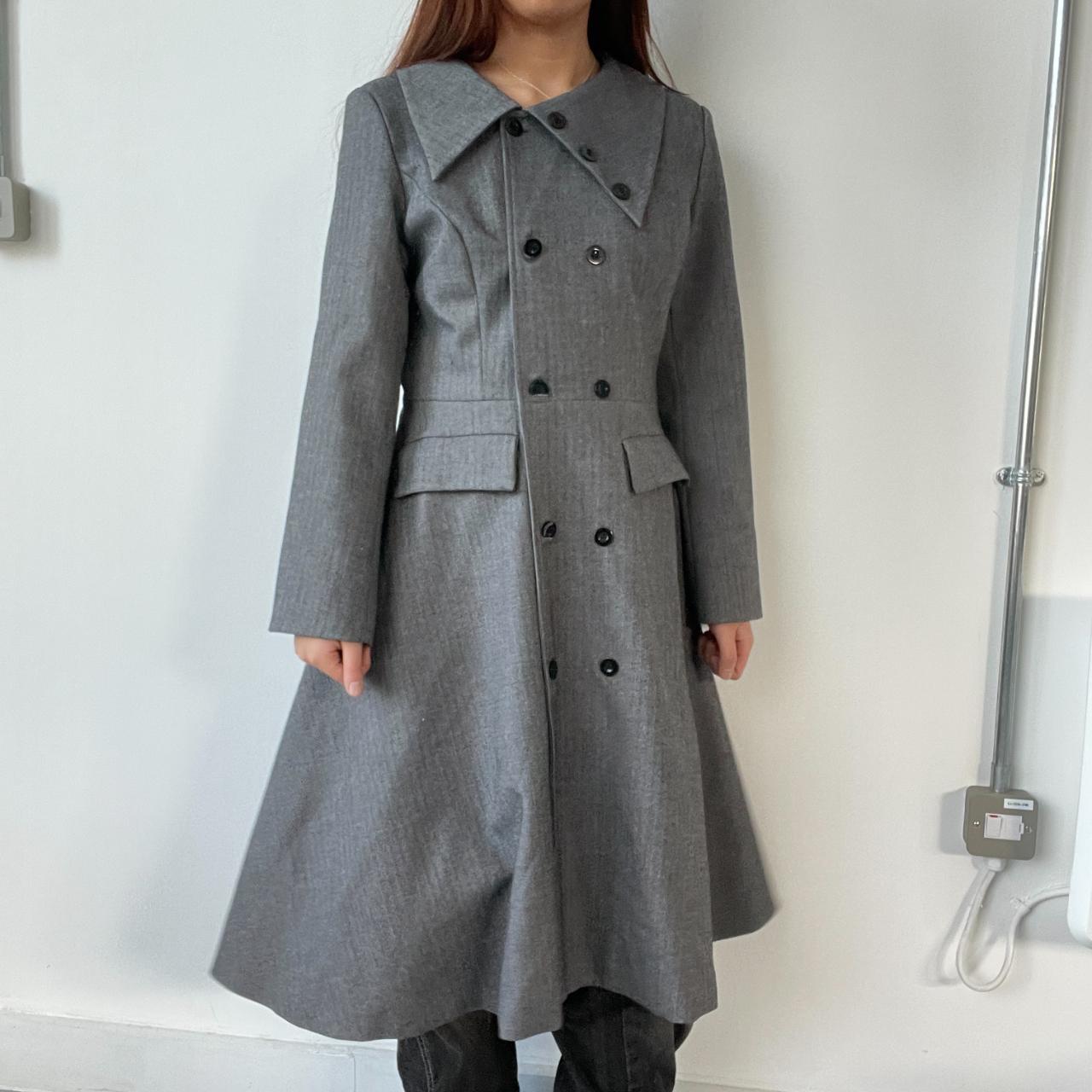 Grey Asymmetric Pinstripe Trench Coat