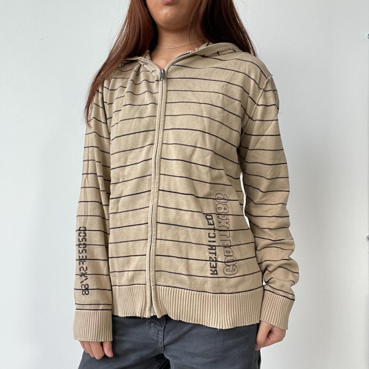 Beige Stripy Zip Up Hoodie