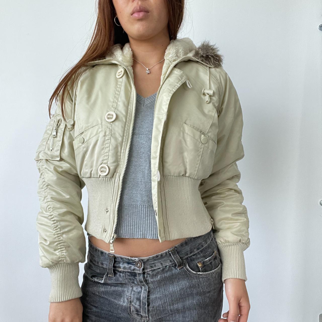 Beige Fur Hood Cropped Bomber Jacket