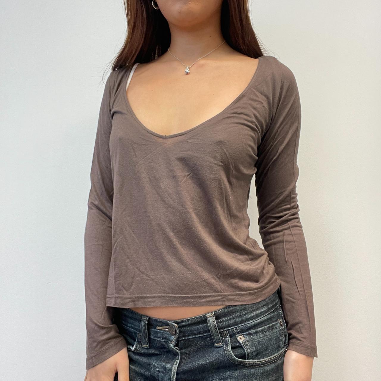 Brown V-Neck Long Sleeve Top