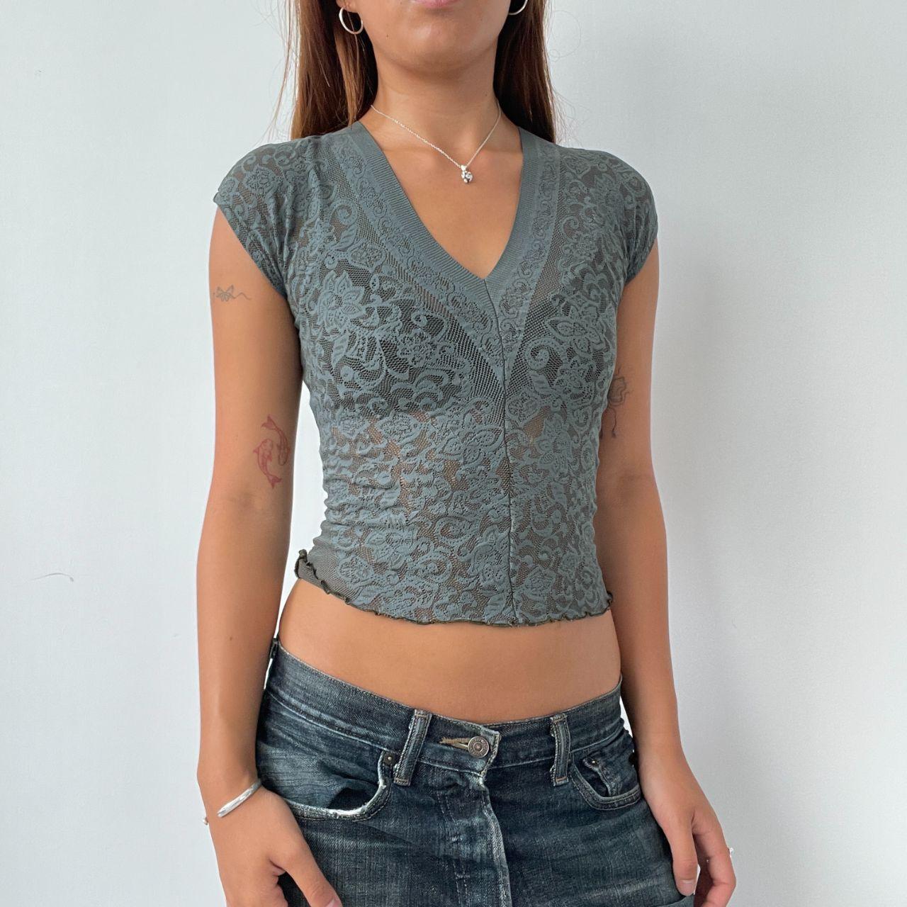 Vintage Khaki V Neck Lace Top