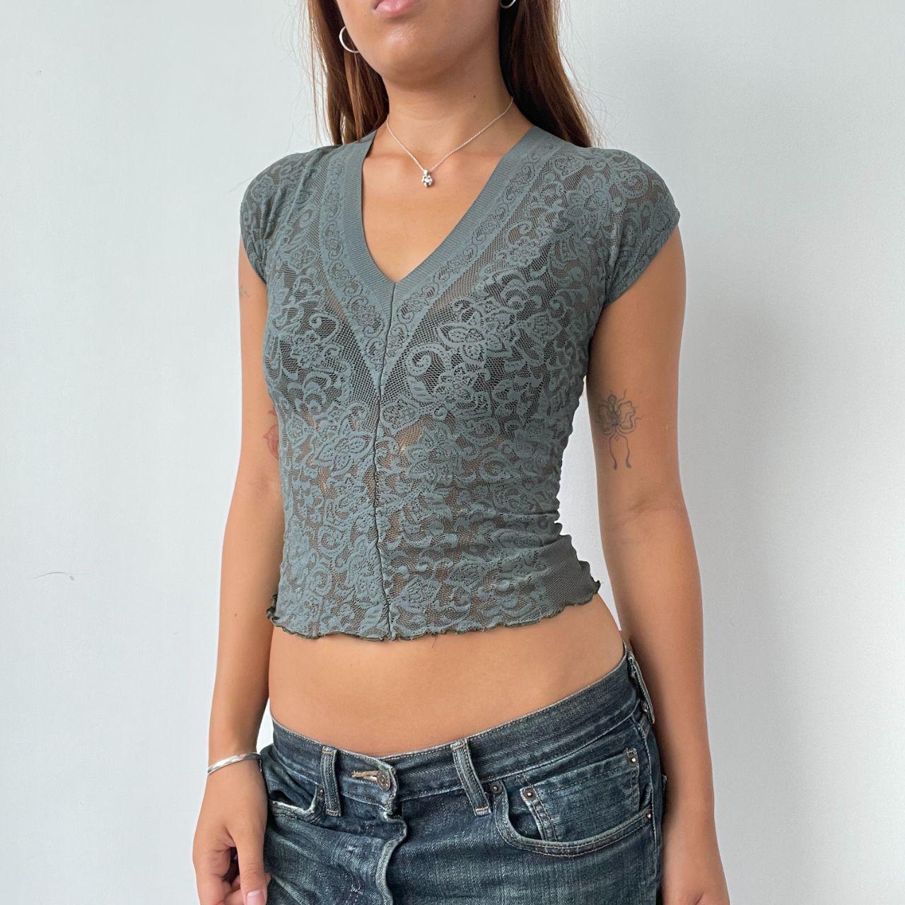 Vintage Khaki V Neck Lace Top