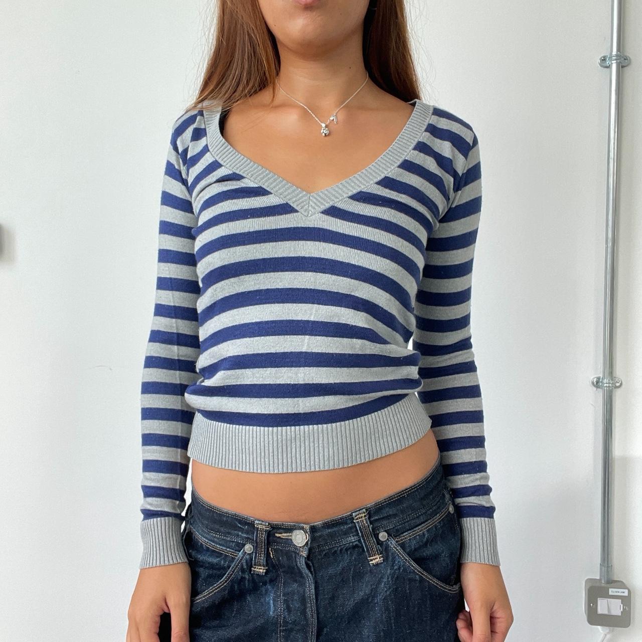Vintage Navy Grey V Neck Jumper
