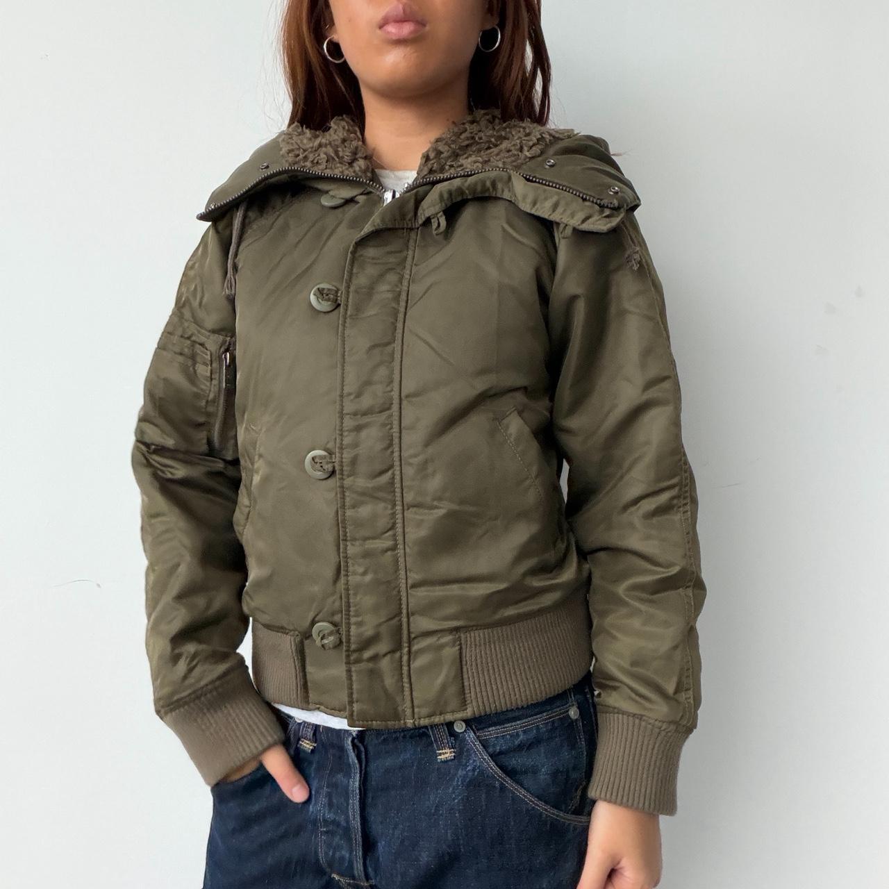 Vintage Khaki Faux Fur Collar Jacket