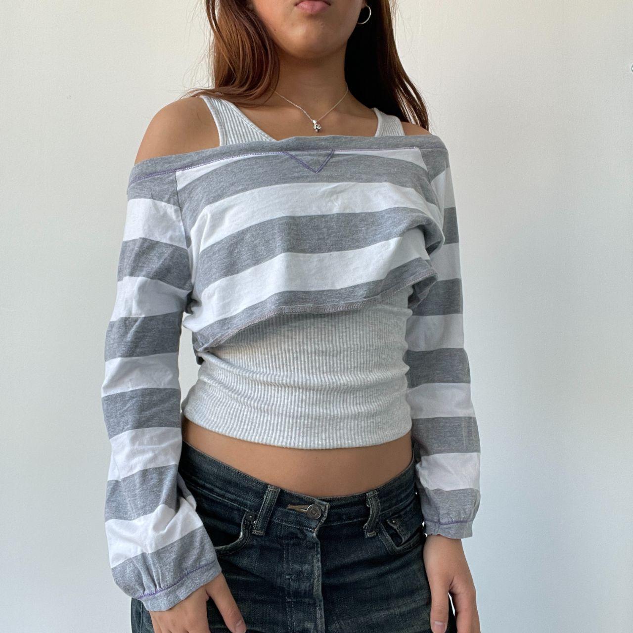 Grey/White Stripy Cropped Long Sleeve