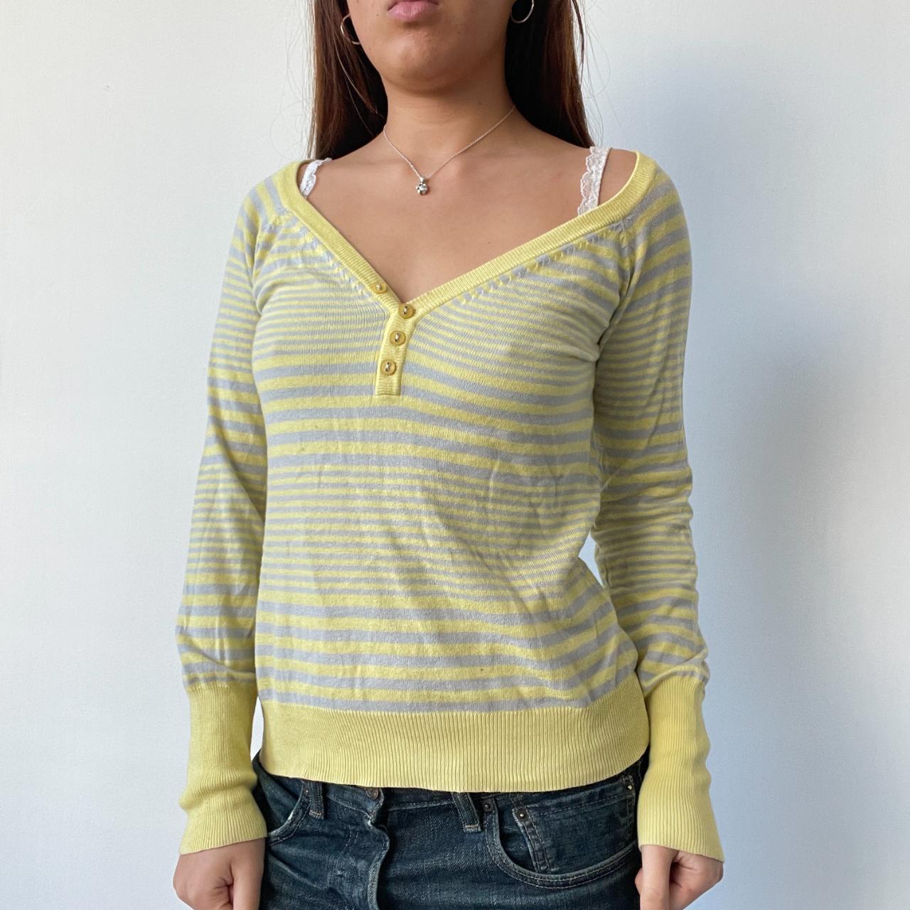 Yellow/Grey Stripy V-Neck Jumper