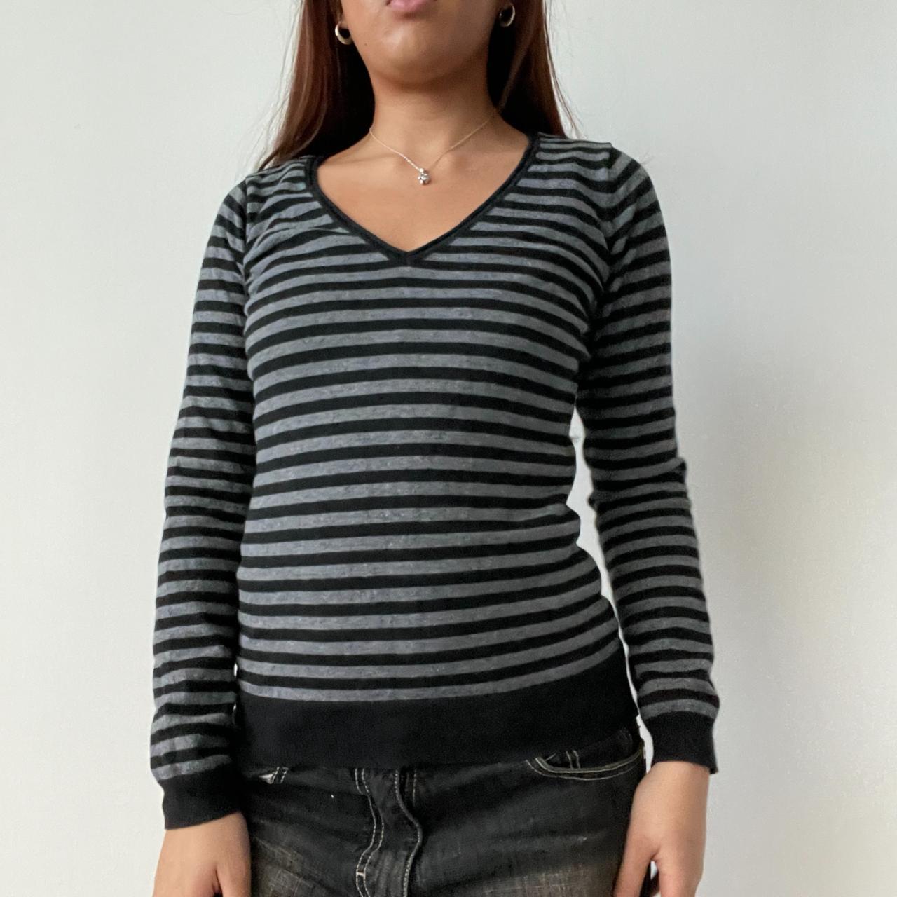 Black And Grey Stripy V-Neck