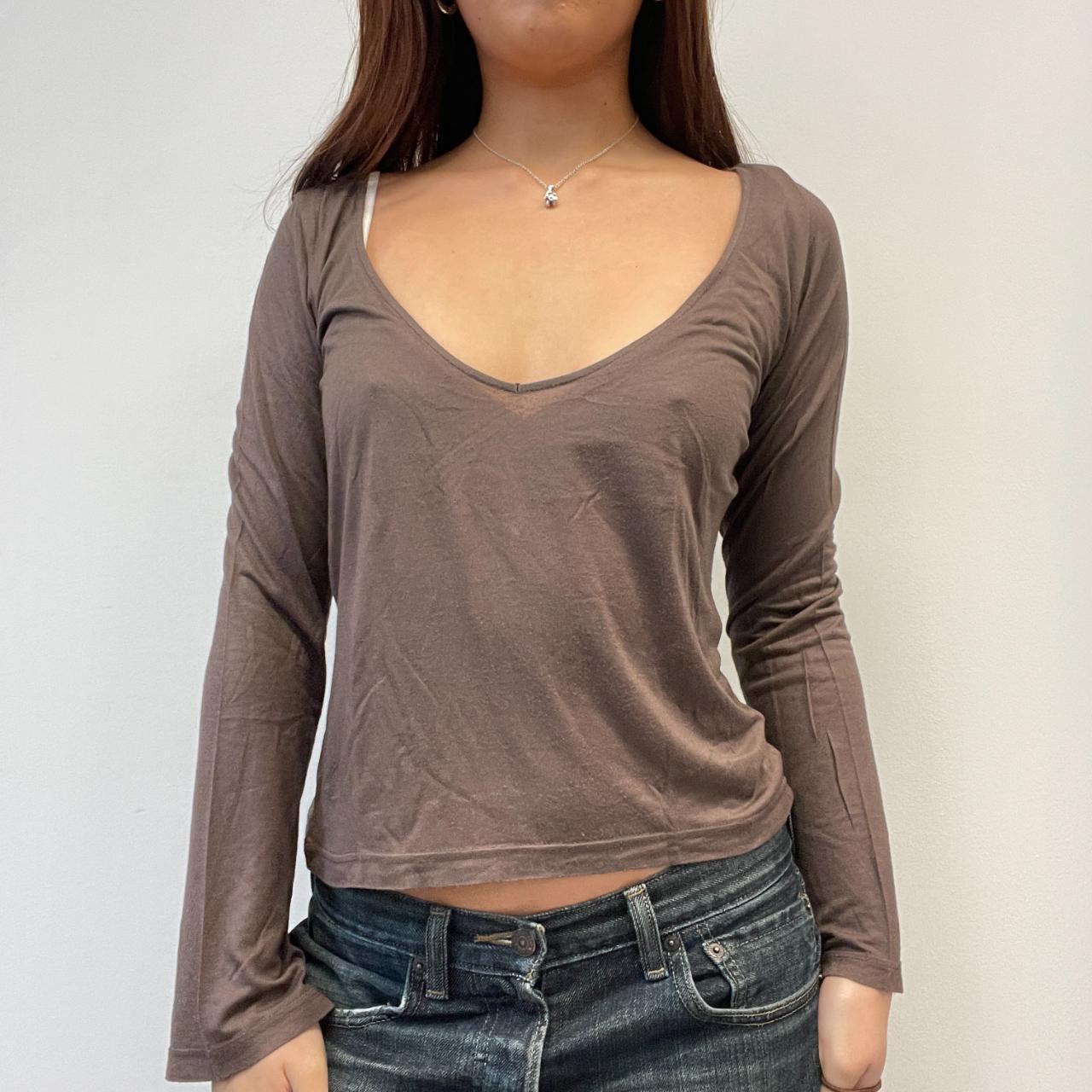 Brown V-Neck Long Sleeve Top