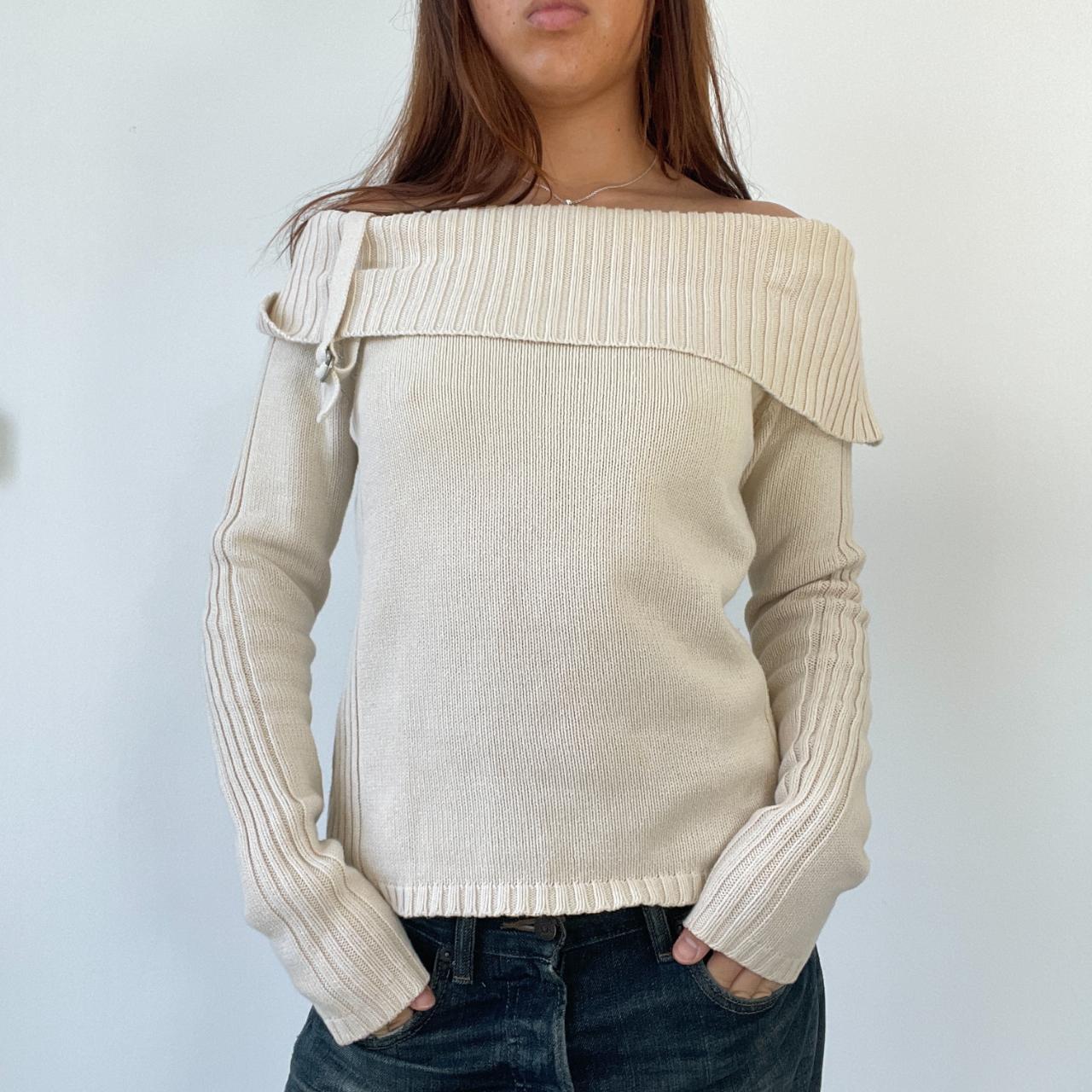 Beige Ribbed Bardot Jumper