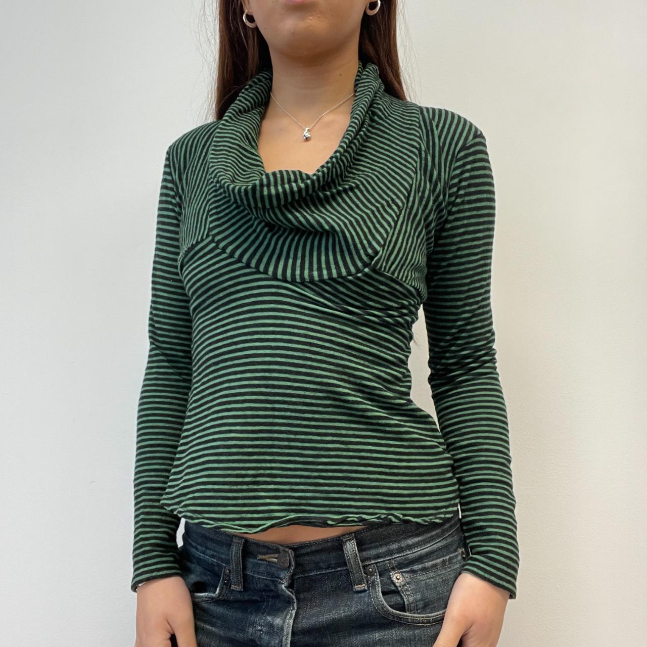 Green Stripy Cowl Neck Long Sleeve