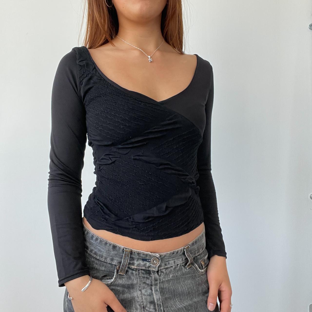Black V Neck Textured Long Sleeve Top