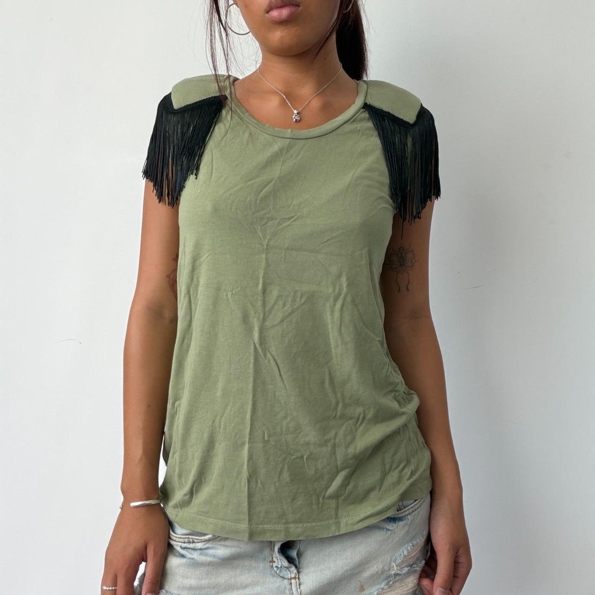 Vintage Green Fringe Shoulder Top