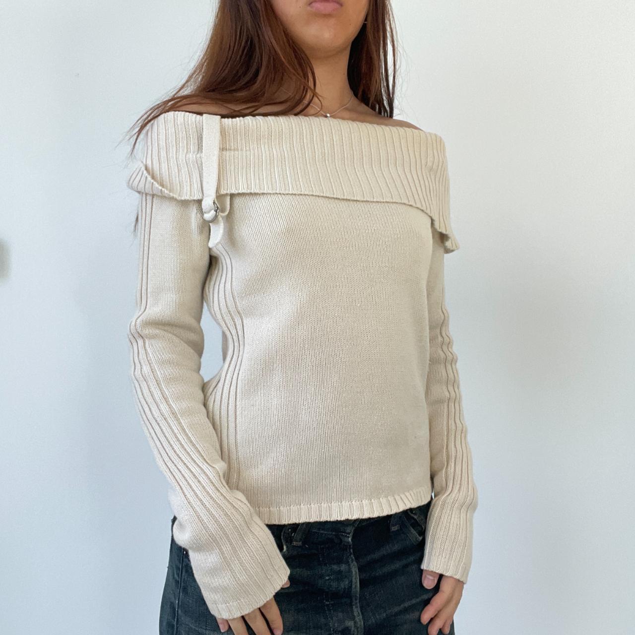 Beige Ribbed Bardot Jumper