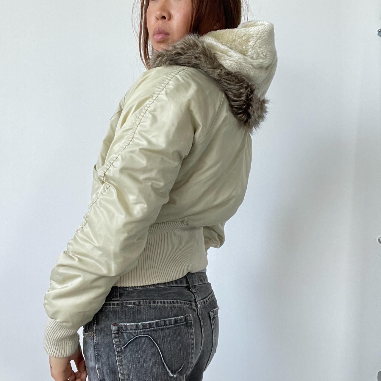 Beige Fur Hood Cropped Bomber Jacket