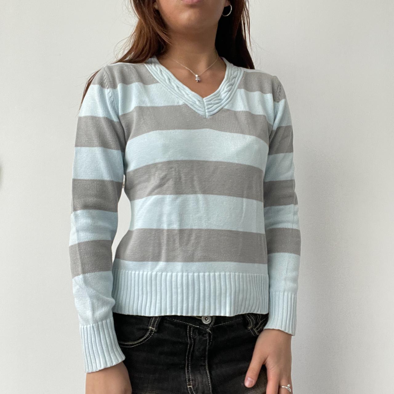 Blue/Grey Stripy V-Neck Jumper