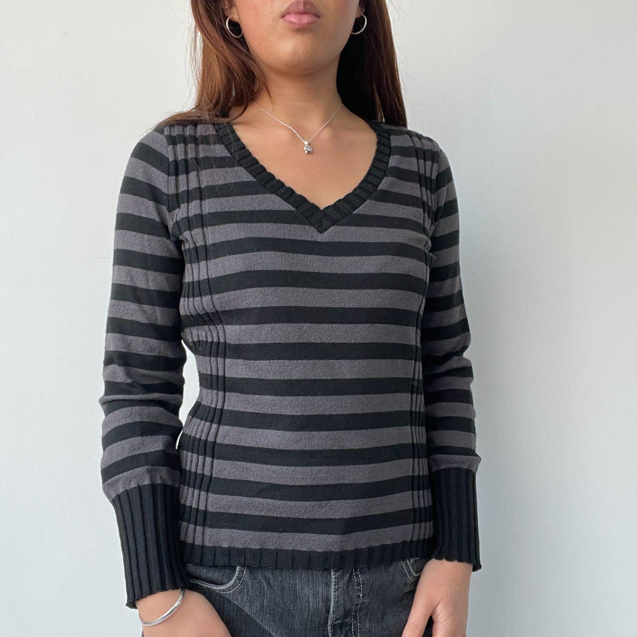 Grey Stripy V-Neck Jumper