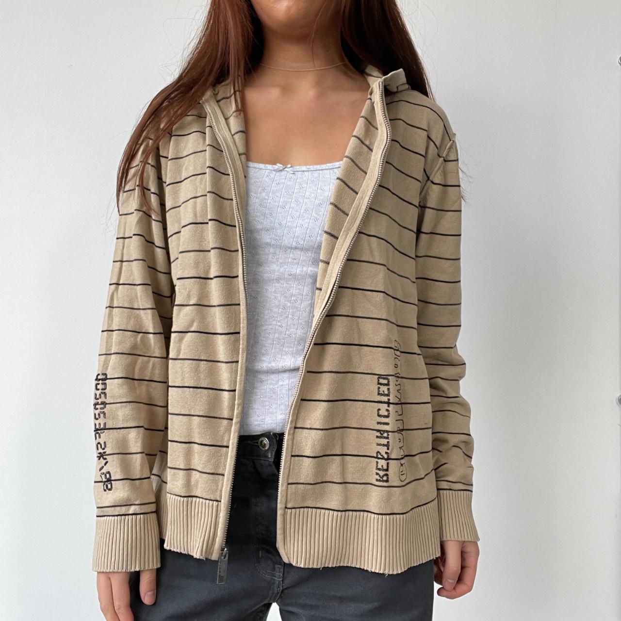 Beige Stripy Zip Up Hoodie