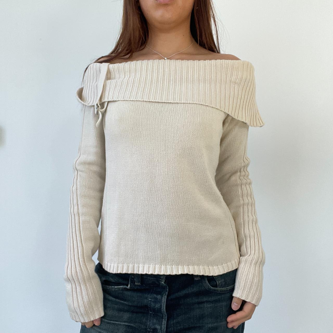 Beige Ribbed Bardot Jumper