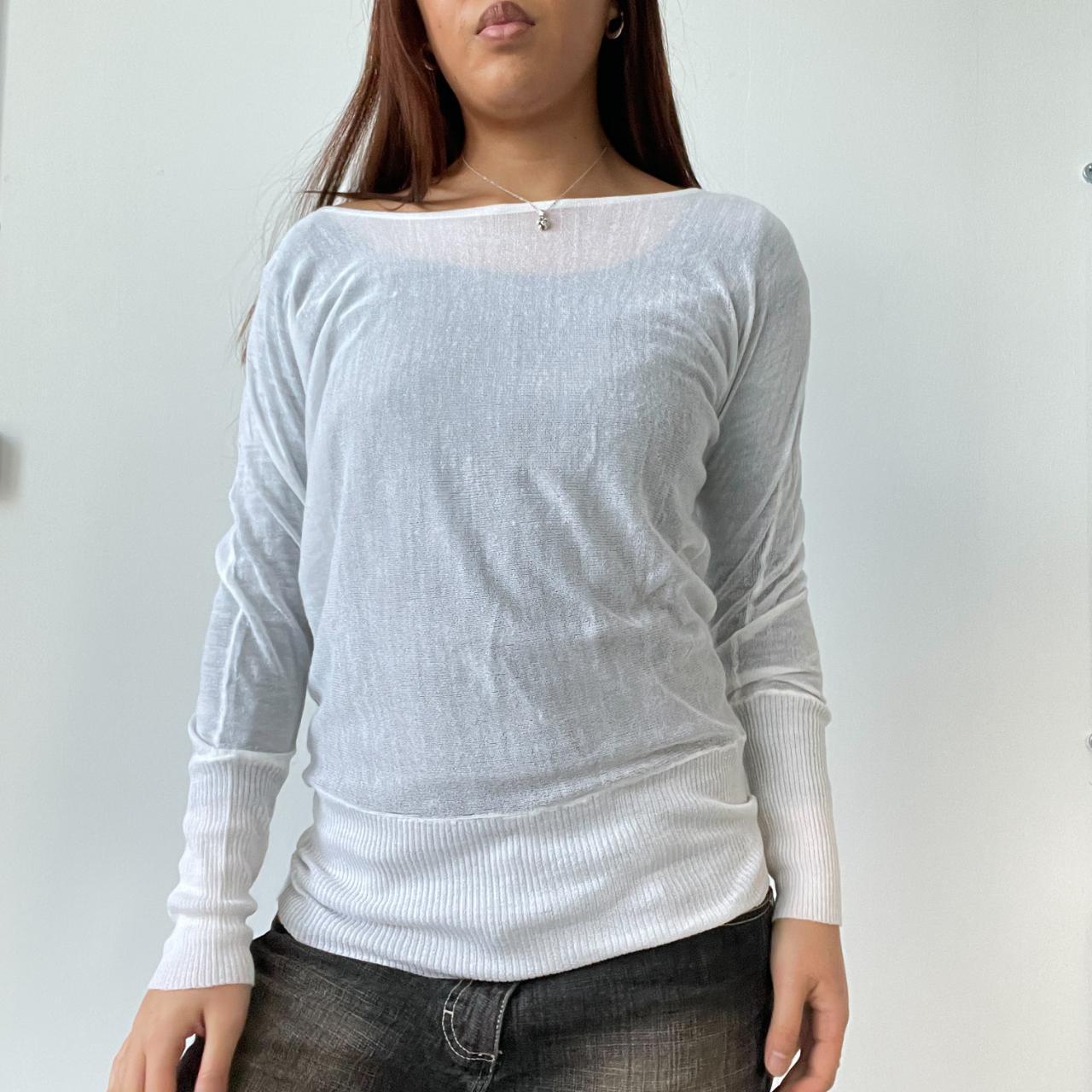 White Sheer Knit Slouchy Long Sleeve Top