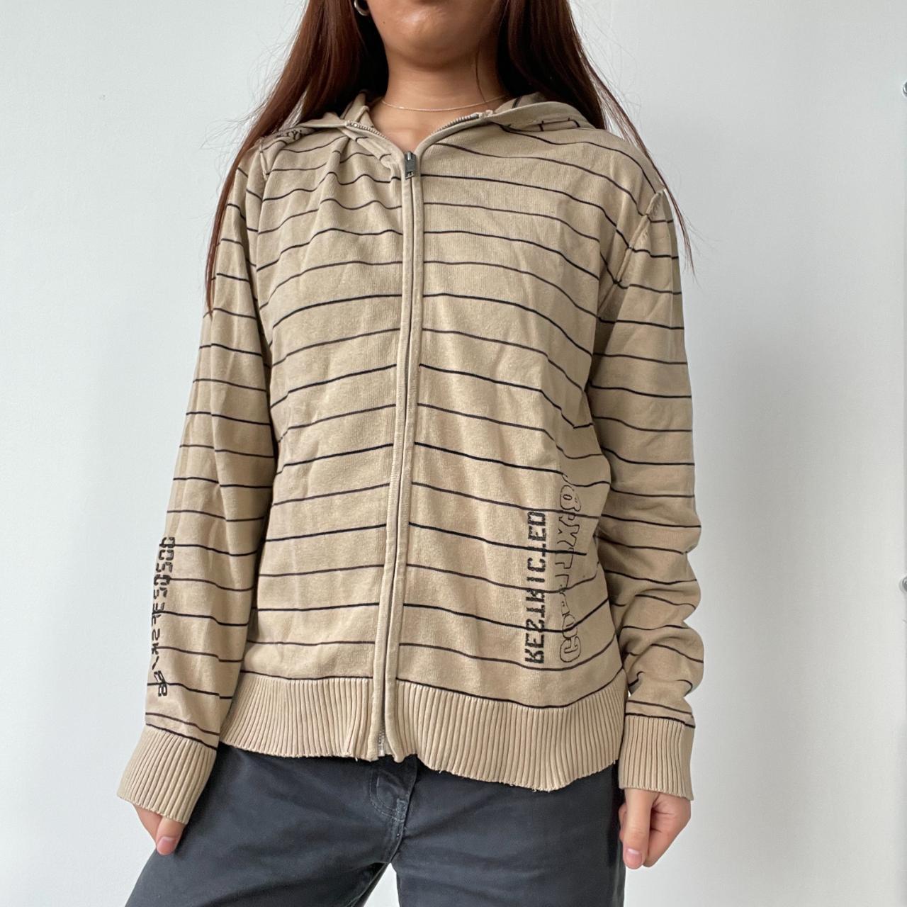 Beige Stripy Zip Up Hoodie
