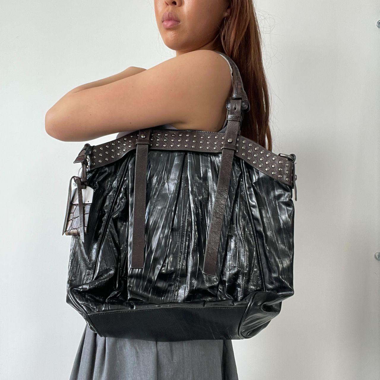 Black Shiny Textured Shoulder Bag