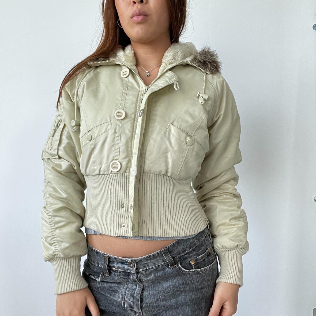 Beige Fur Hood Cropped Bomber Jacket
