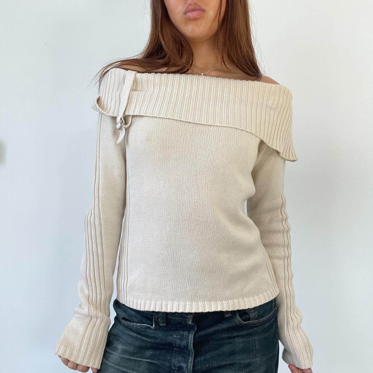 Beige Ribbed Bardot Jumper