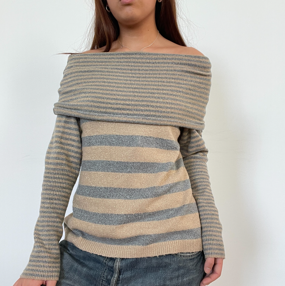 Vintage Bardot Beige Grey Knit Jumper