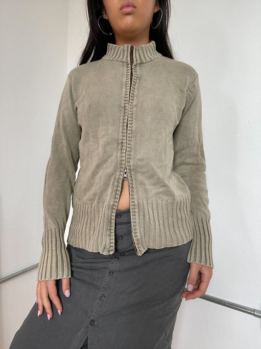 Khaki double zip up knit jumper