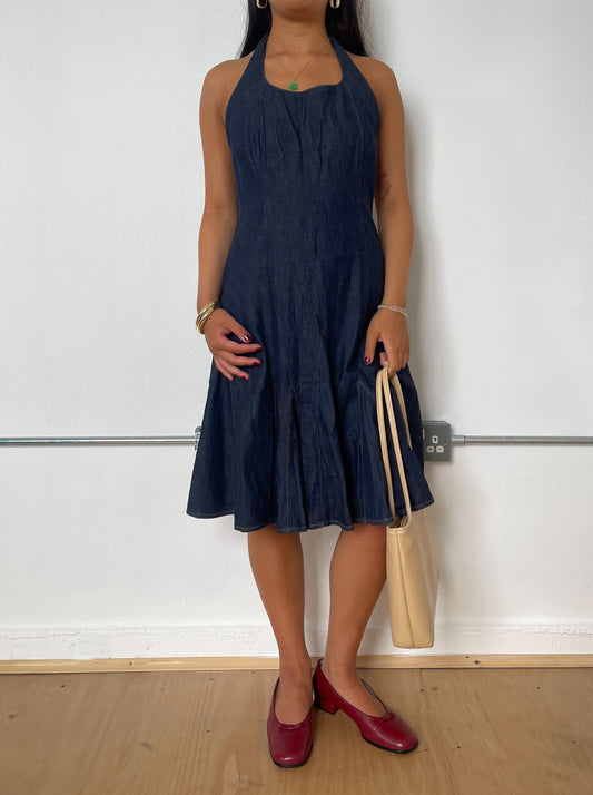 Vintage Denim Halter Midi Dress