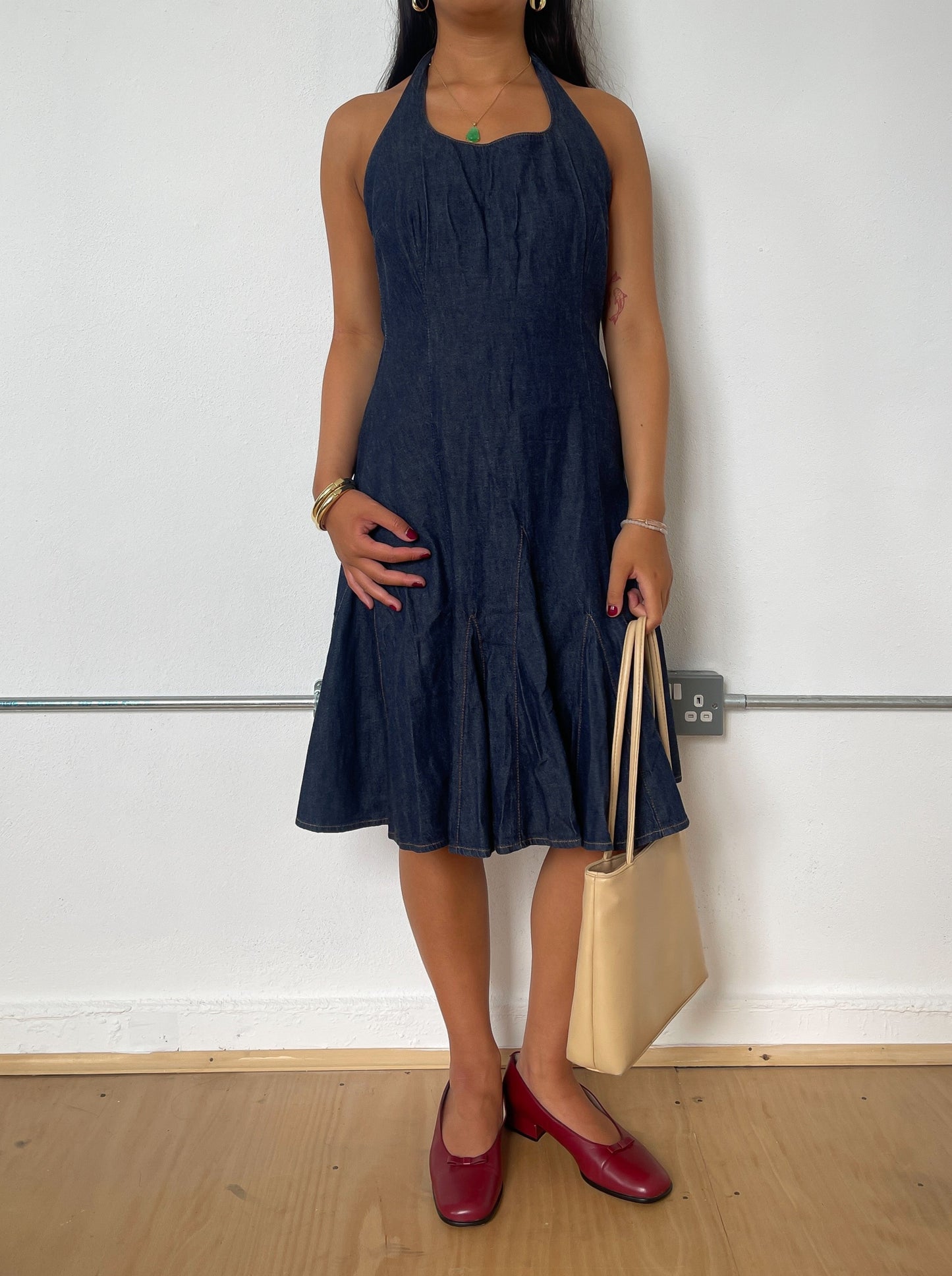 Vintage Denim Halter Midi Dress