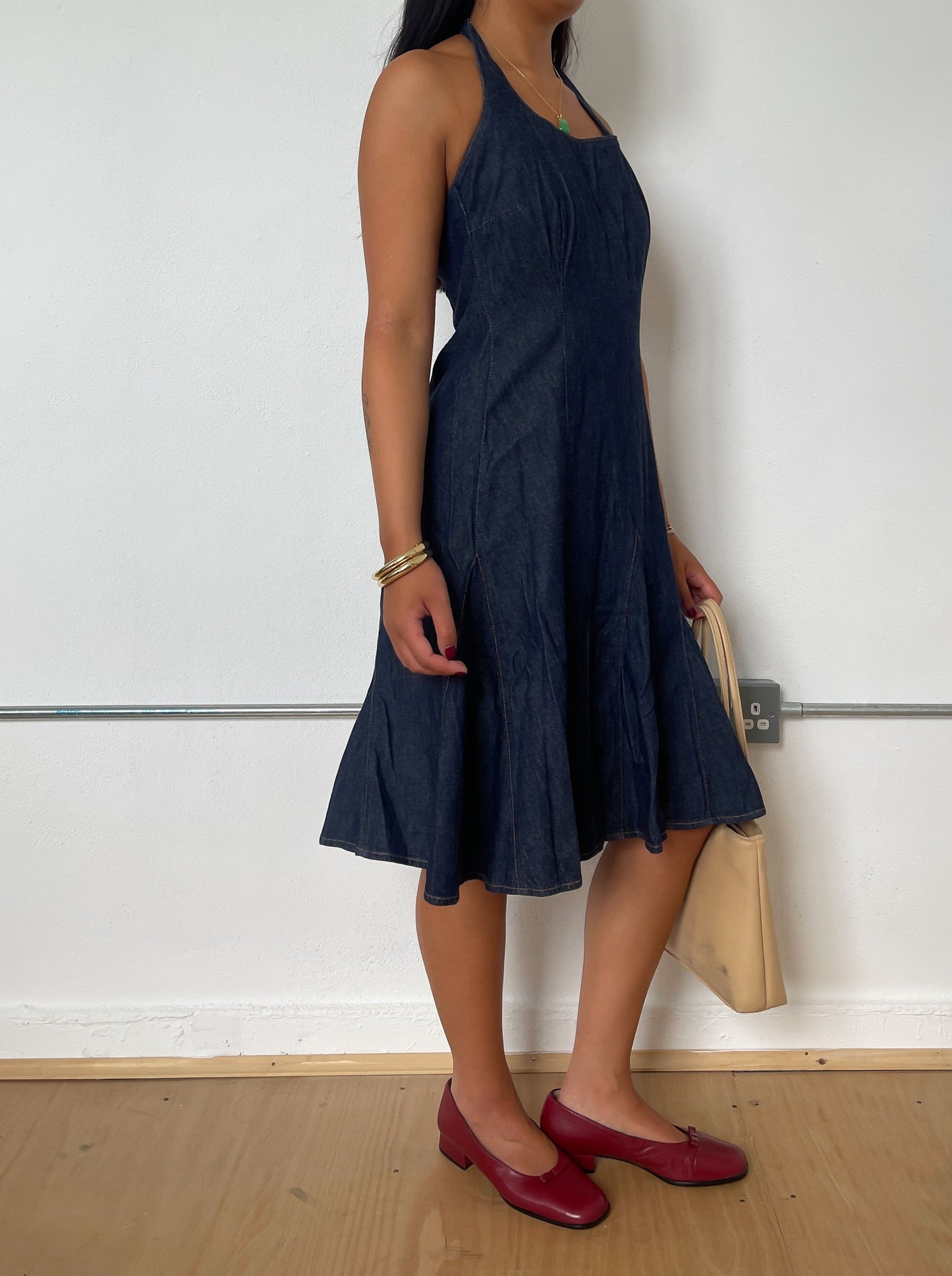 Vintage Denim Halter Midi Dress