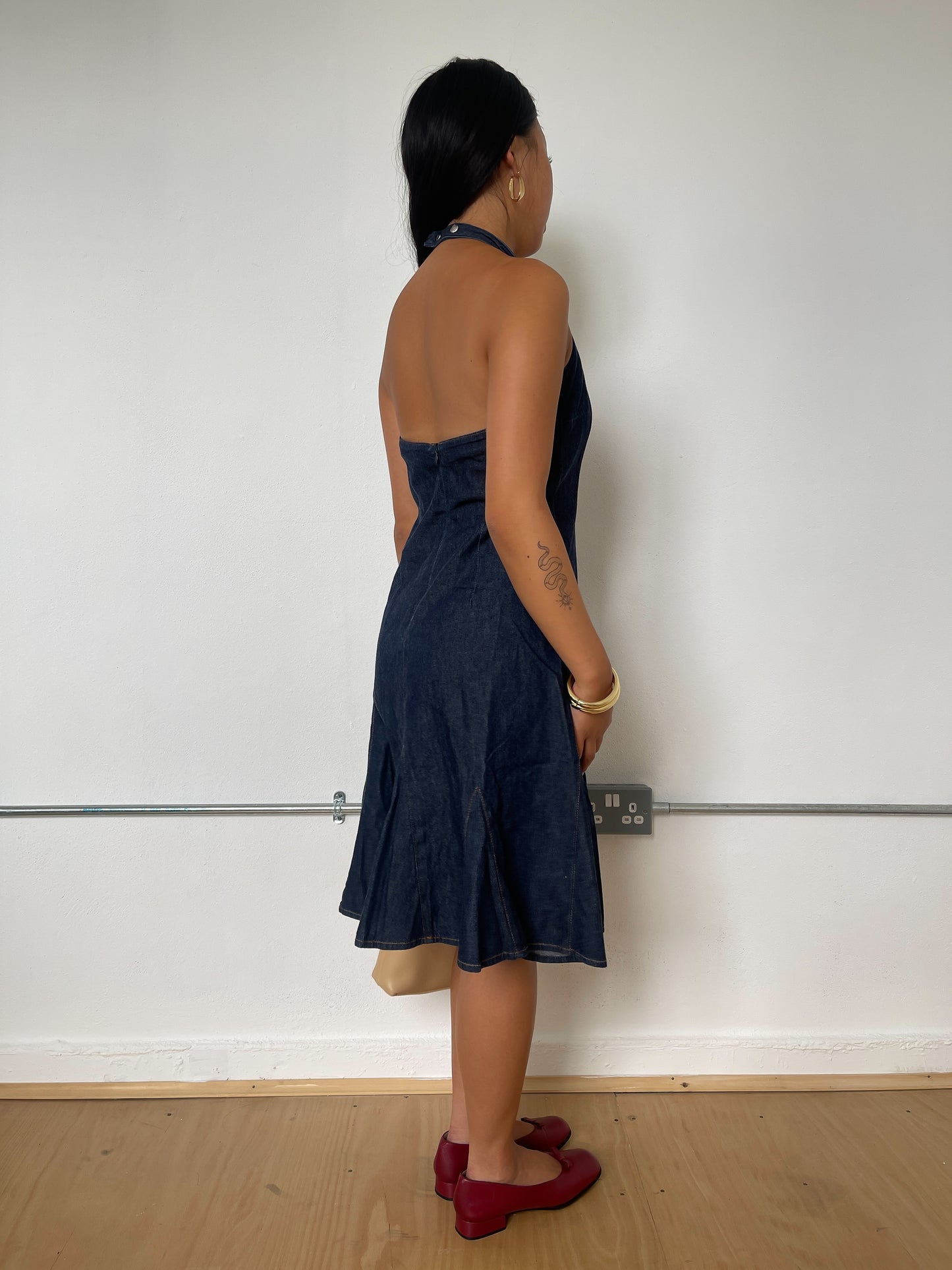 Vintage Denim Halter Midi Dress