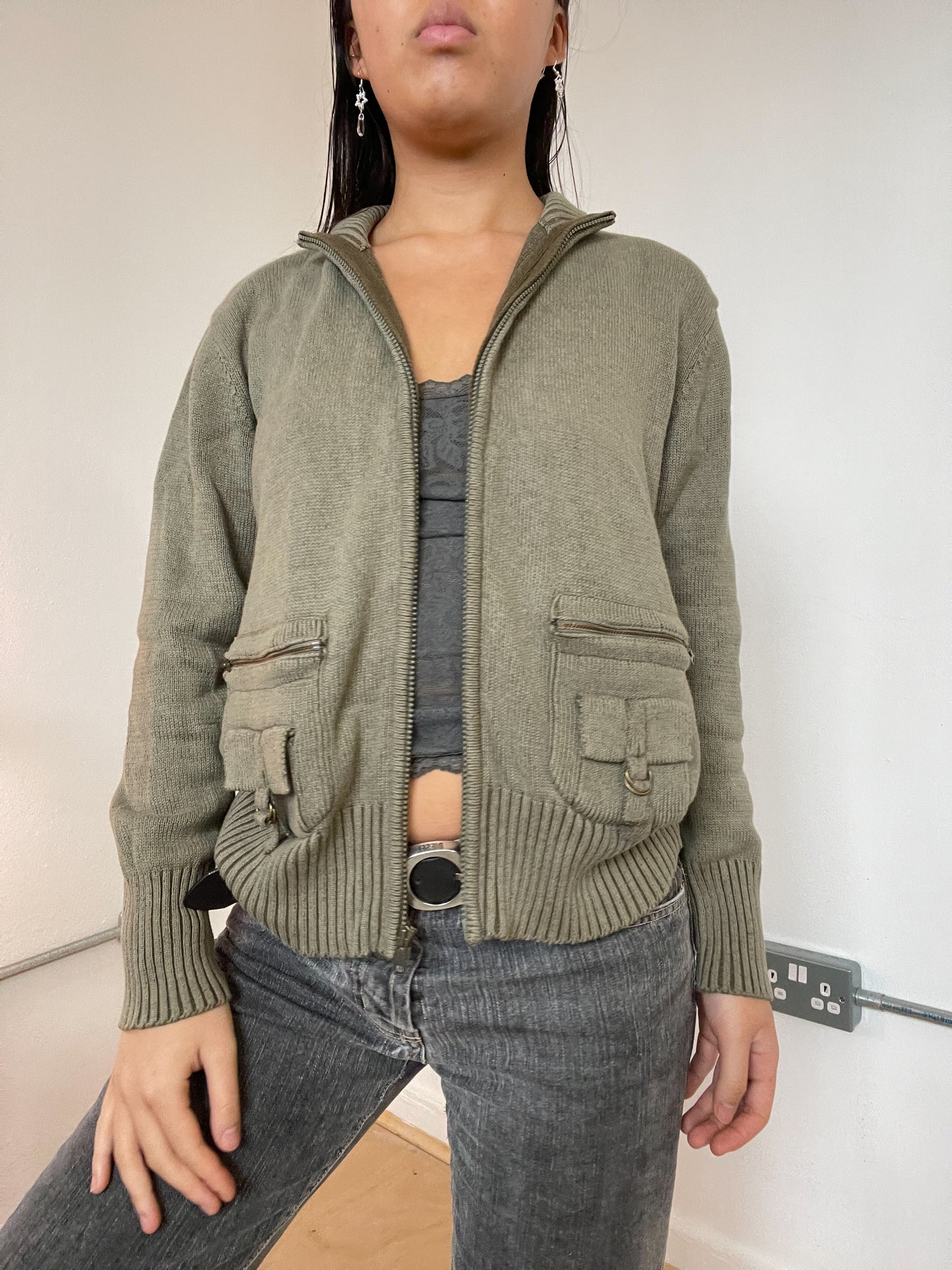 Khaki zip up knit jumper