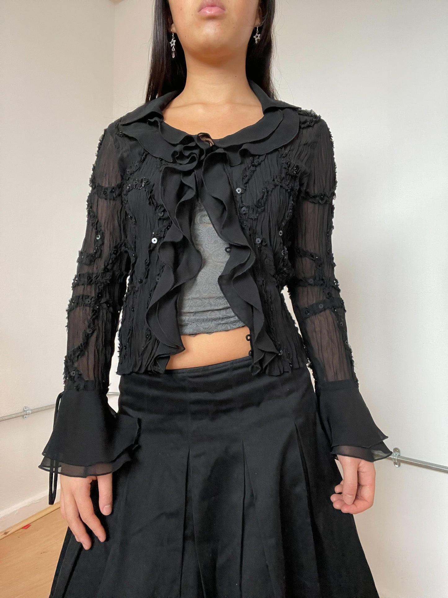 Black sheer frill bolero top with sequins