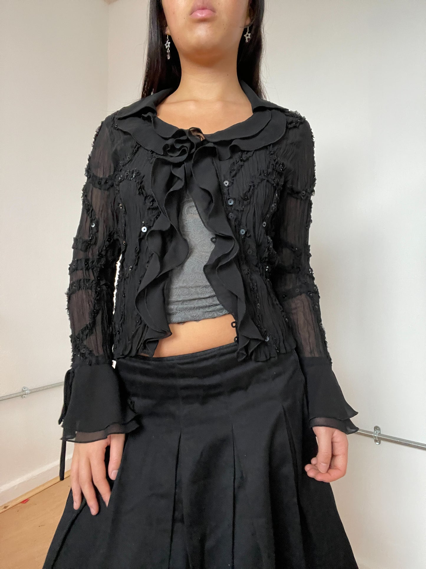 Black sheer frill bolero top with sequins