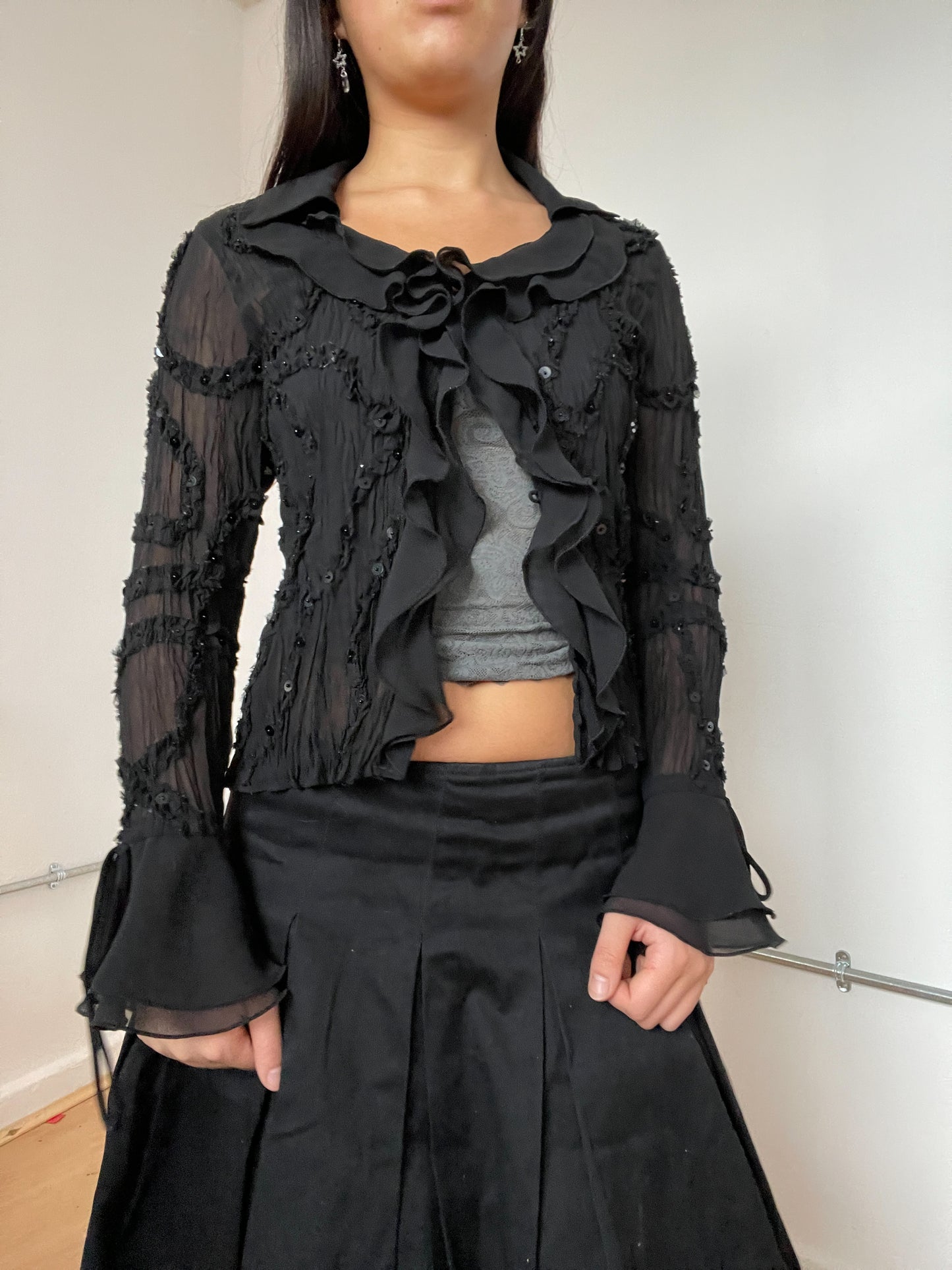 Black sheer frill bolero top with sequins