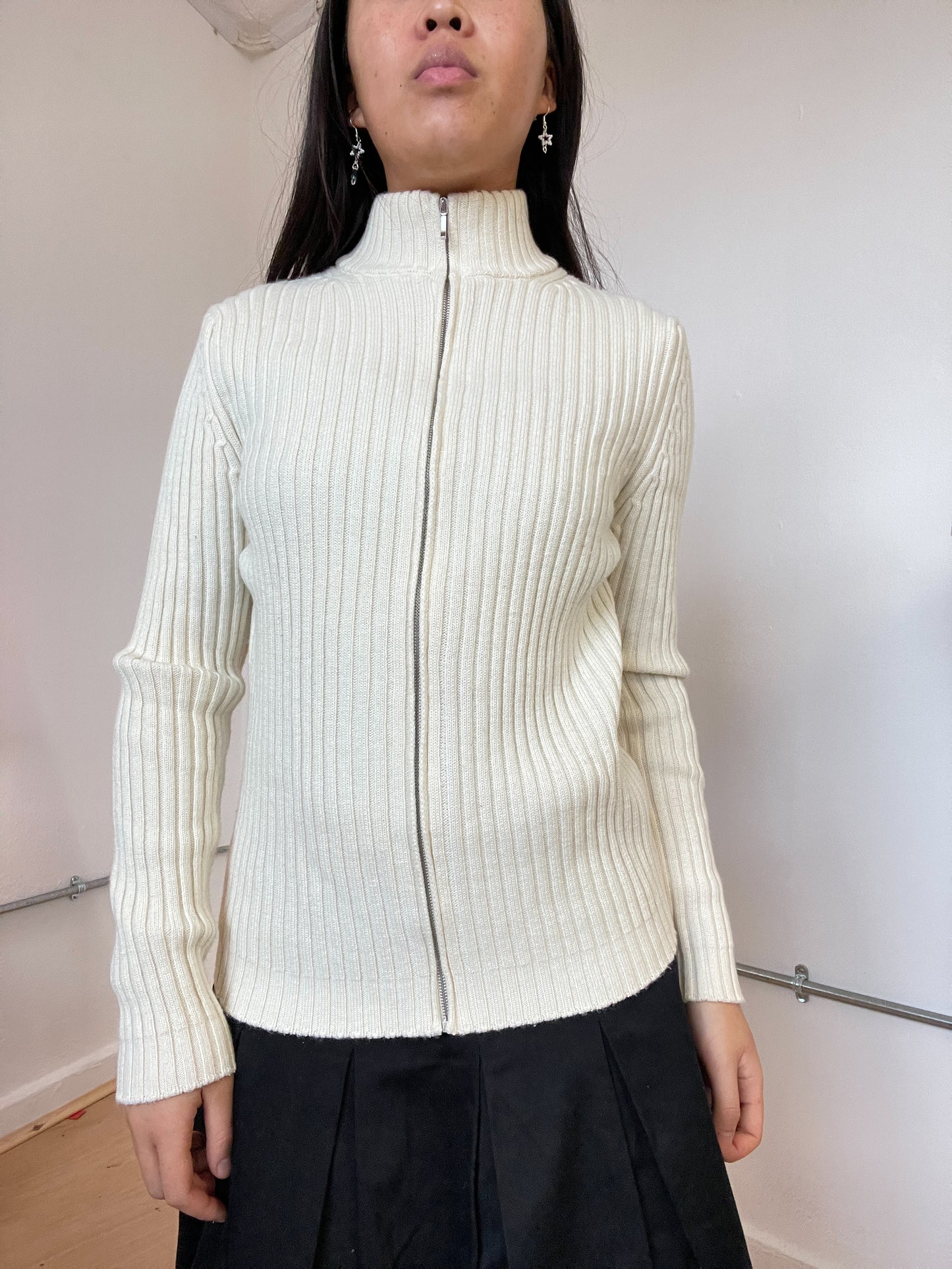 Cream beige zip up knit ribbed jumper